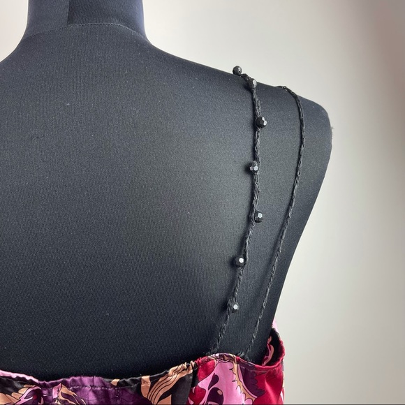 Purple Silk Floral Print Cinched Sleeveless Beaded Blouse - Picture 6 of 9